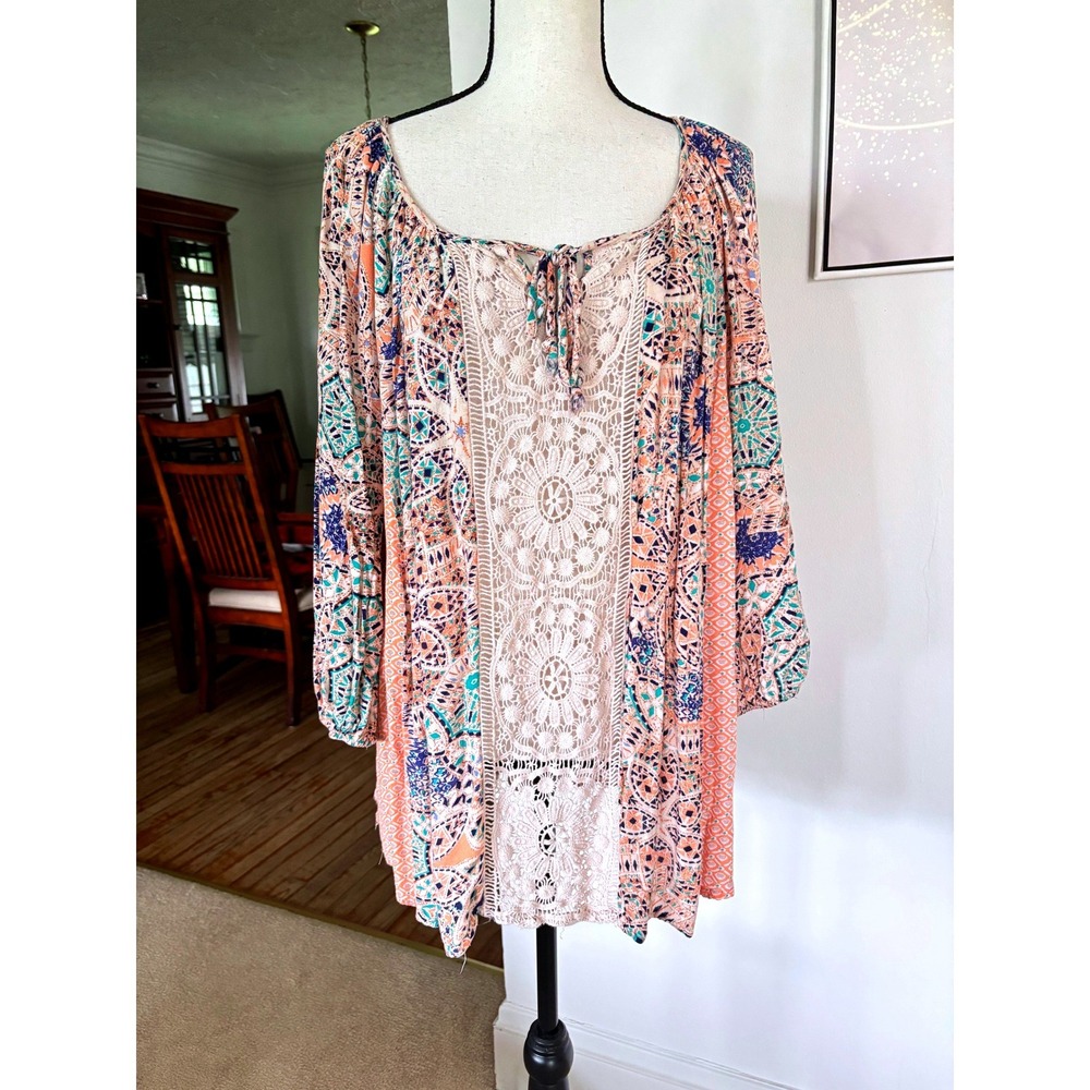 Rose & Thyme Boho Paisley Crochet Lace Tunic Top Sz 3X Coral Navy Rayon
